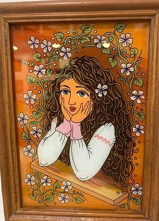 Картина расписная, картинка роспись по стеклу, картина декор, картина "девочка"