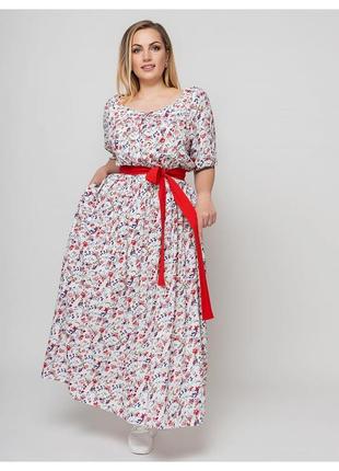 Замечательное платье макси, белого цвета с красным поясом, большие размеры от 52 до 582 фото