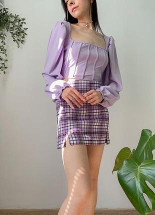 Блуза рубашка лавандового цвета с объёмными пышными длинными рукавамикофта с корсетом с квадратным вырезом декольте4 фото