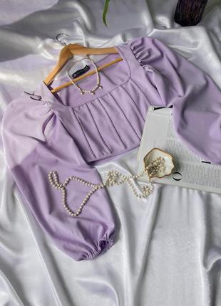 Блуза рубашка лавандового цвета с объёмными пышными длинными рукавамикофта с корсетом с квадратным вырезом декольте8 фото