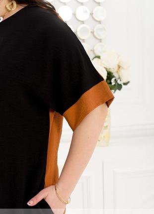Платье женское средней длины летнее легкая жатка батал большие размеры двухцветное горчица - черное3 фото