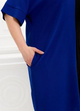 Платье женское средней длины летнее легкая жатка батал большие размеры двухцветное электрик - черное2 фото