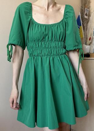 Новое зеленое романтическое трендовое платье квадратный вырез рукава фонарики3 фото