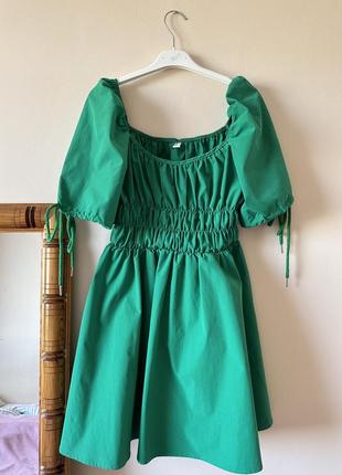 Новое зеленое романтическое трендовое платье квадратный вырез рукава фонарики5 фото