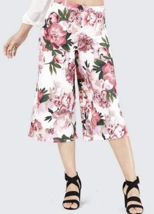 Летние укороченные брюки кюлоты с высокой эластичной талией в крупный цветочный принт