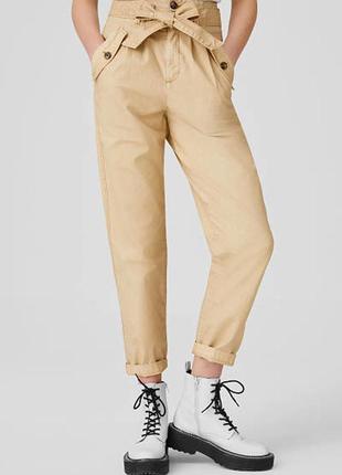 C&amp;a clockhouse завышенная талия свободного кроя брюки бежевые карго с поясом