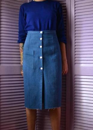 Голубая длинная юбка миди с разрезом с пуговицами карманом джинсовая юбка с вырезом