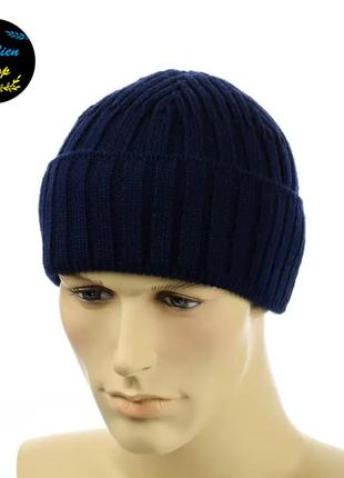 ● теплая зимняя вязаная шапка на флисе - темно-синий ●