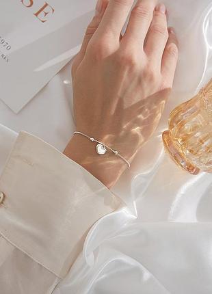 Браслет белое сердце из блестящей эмали, аккуратный браслетик, серебряное покрытие 925 пробы, длина 15+4 см