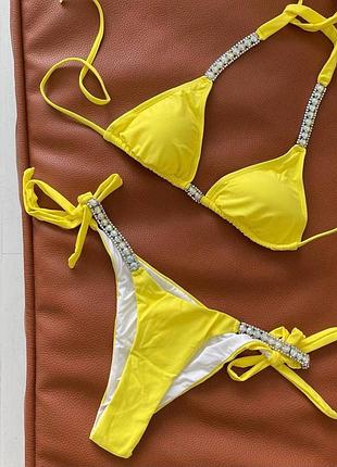 1558 жовтий роздільний купальник трикутники з камінням4 фото