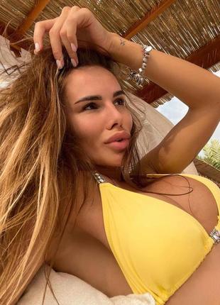 1558 жовтий роздільний купальник трикутники з камінням6 фото