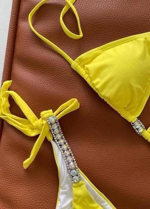 1558 жовтий роздільний купальник трикутники з камінням7 фото