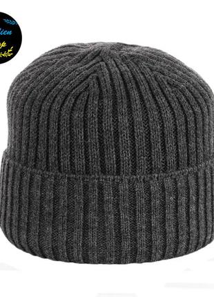● теплая зимняя вязаная шапка на флисе - темно-серый ●