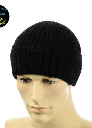 ● теплая зимняя вязаная шапка на флисе - черный ●