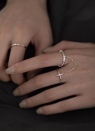 Двойное кольцо на цепочке крестик и дорожка, серебряное покрытие 925 пробы, регулируемый размер 15-16 до 17-184 фото