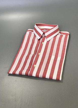 Летняя рубашка в бело-персиковой полоске, тенниска, гавайка. шведка, на лето, пляжная, рубашка на короткий рукав, в полоску2 фото