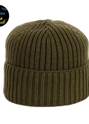 ● теплая зимняя вязаная шапка на флисе - хаки ●1 фото