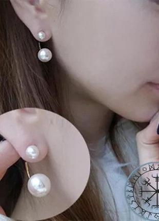 Серьги сережки жемчуг жемчужные двойные стильные модные