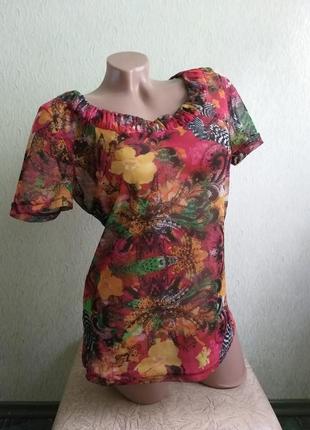 Необычная футболка сеточка. туника в цветочек. фуксия, оранжевый, зеленый.2 фото