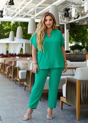 Супер удобный стильный комфортный брючный костюм большого размера батал синий зелёный малиновый брюки штаны зауженные туника футболка кофта блуза