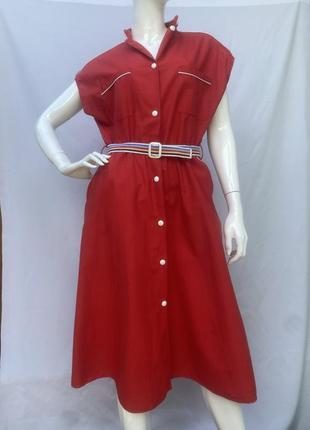 Красное натуральное платье сафари с ремнем