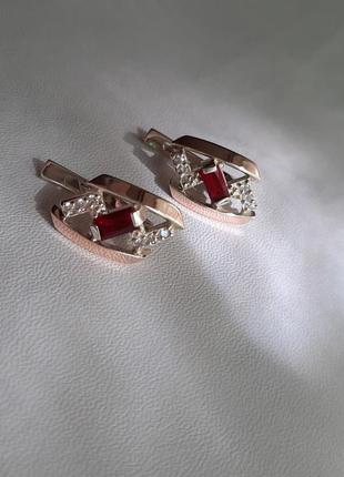 🛍 серьги серебро с золотом фианит красный
