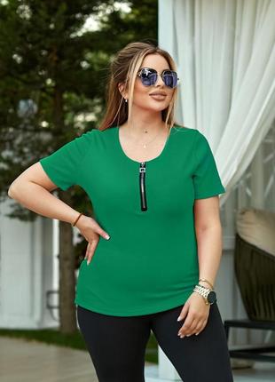 Женская футболка в рубчик батал зеленая натуральная большие размеры1 фото