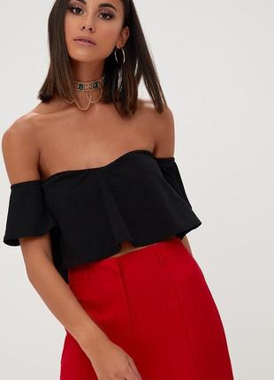 Plt кроп топ бандо с рукавами черный prettylittlething bardot top