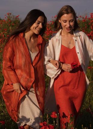 Коралловая рубашка-кардиган в полоску из натурального льна