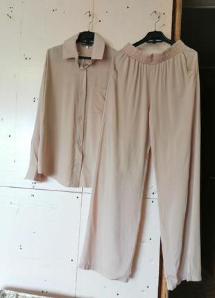 Летний хлопковый костюм штаны палаццо и рубашка оверсайз