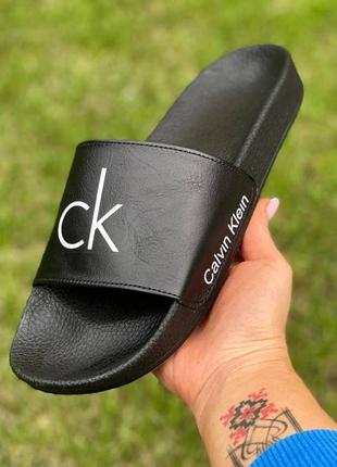 Шлепки calvin klein мужские кожаные черные6 фото