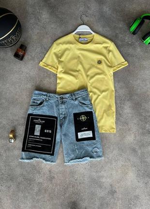 Мужской летний комплект stone island летний костюм футболка + джинсовые шорты stone island