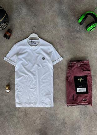 Мужской летний комплект футболка + джинсовы шорты stone island летний костюм stone island футболка + джинсовые шорты