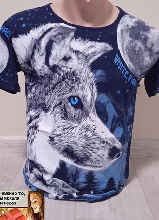 Підліткова футболка для хлопчика вовк на 14-18 років чорна з синім3 фото