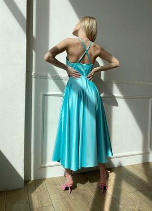 Сукня міді атласна жіноча бірюзова з корсетним ліфом9 фото
