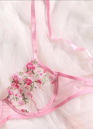 Еротичний сексуальний комплект, набір жіночої білизни бюстгальтер, прозорий трусики трусики стрінги вишивка3 фото