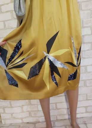 Новое нарядное стильное платье миди со 100 % шелка с паетками в горчичном цвете, размер хл4 фото