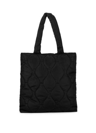 Жіноча сумка шоппер дута стьобана з нейлону welassie чорна1 фото