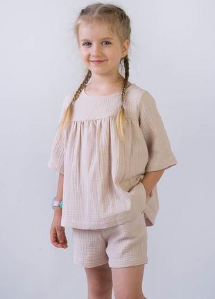 Легкий летний комплект из муслина для девушек, муслиновый костюм шорты и блуза4 фото