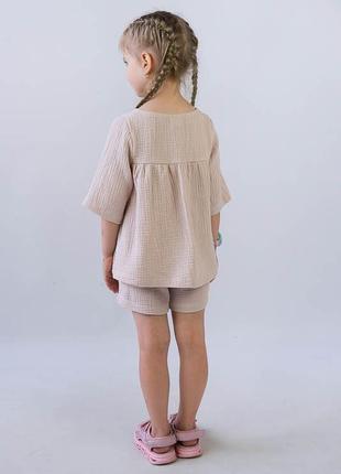 Легкий летний комплект из муслина для девушек, муслиновый костюм шорты и блуза5 фото