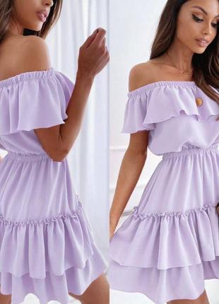 Платье короткое лавандовое однотонное свободного кроя с открытыми плечами качественное стильное трендовое4 фото