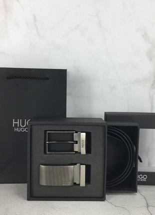 Чоловічий ремінь hugo boss з 2 пряжками чорний / коричневий / на подарунок / подарунковий набір