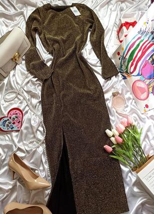 Длинное блестящее платье с люрексом с разрезом золотистое с блестками миди коктельное праздничное4 фото