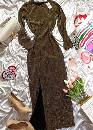 Длинное блестящее платье с люрексом с разрезом золотистое с блестками миди коктельное праздничное3 фото