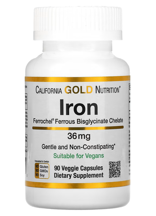 California gold nutrition, ferrochel, залізо (бісгліцинат), 36 мг, 90 рослинних капсул1 фото