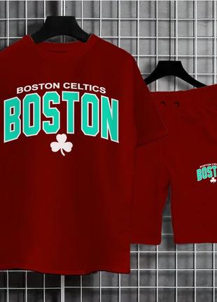 Летний бордовый спортивный костюм комплект оверсайз boston celtics бордовий літній костюм оверсайз з принтом boston