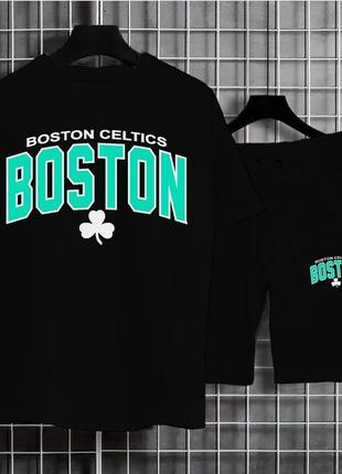 Летний чёрный спортивный костюм комплект оверсайз boston celtics чорній літній комплект оіерсайз з принтом