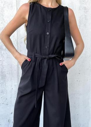 Комбинезон женский брючный льняной летний, с широкими брюками, с поясом, однотонный черный4 фото