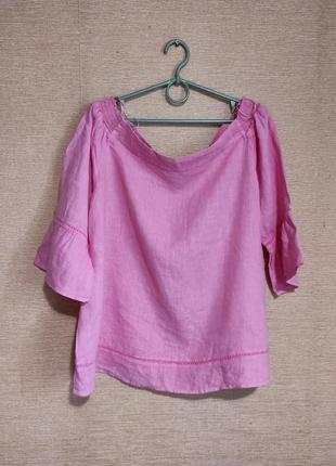 Розовая льняная блузка туника рубашка большой размер