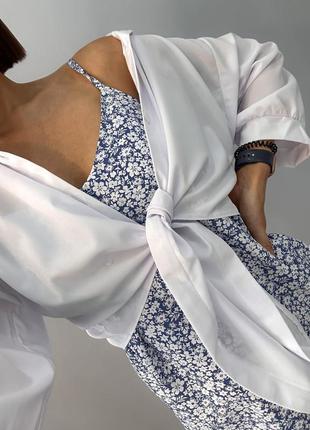 😍костюм двойка, рубашка короткая с завязками + сарафан на бретельках в цветочный принт4 фото